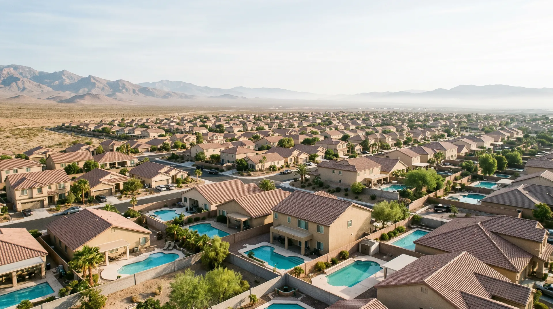 A high aerial drone view over a Las Vegas suburban neighborhood: rows of tan stucco homes with terracotta roofs, many backyard pools in blue