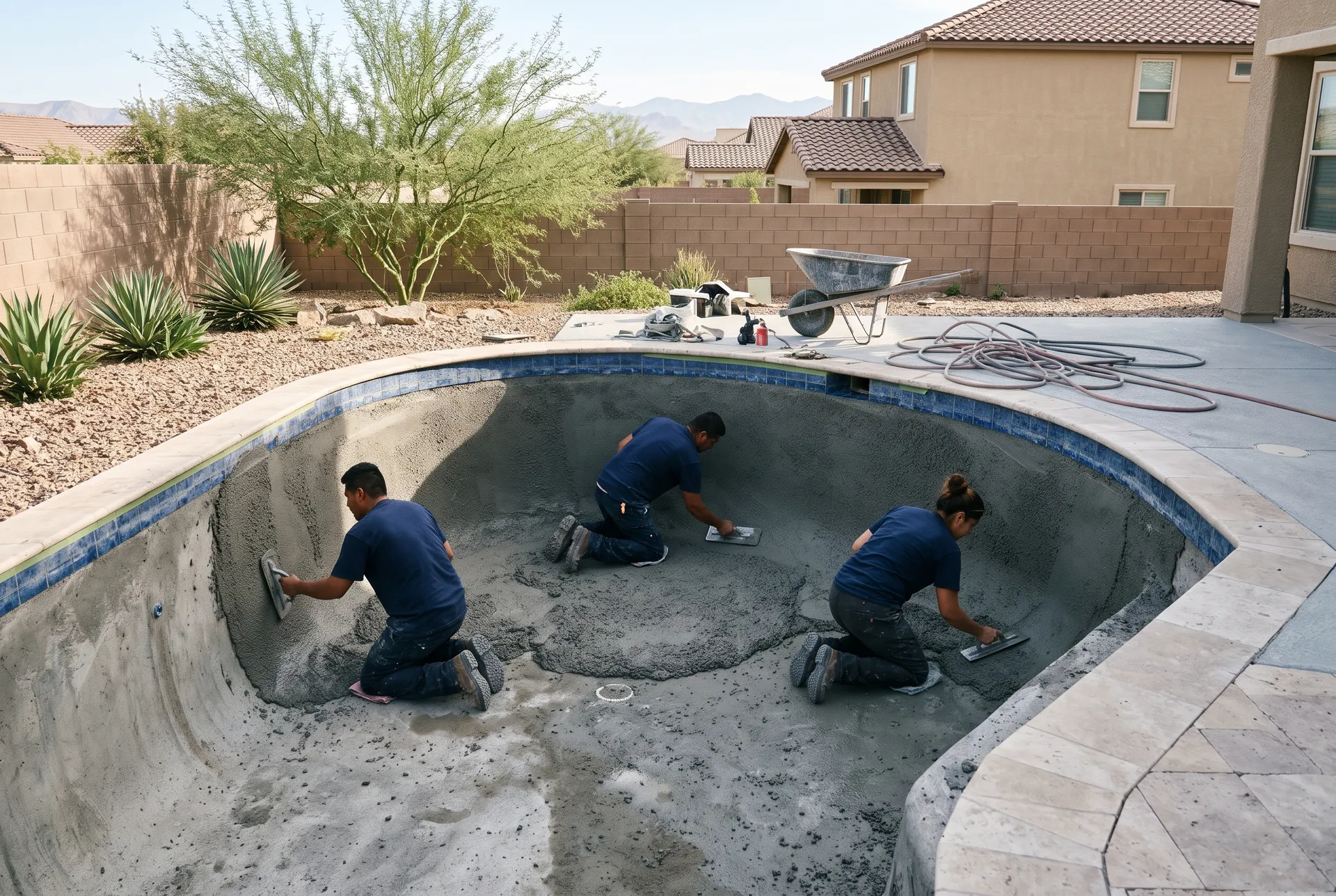 Crew applying a new pebble interior finish inside an empty pool in Las Vegas