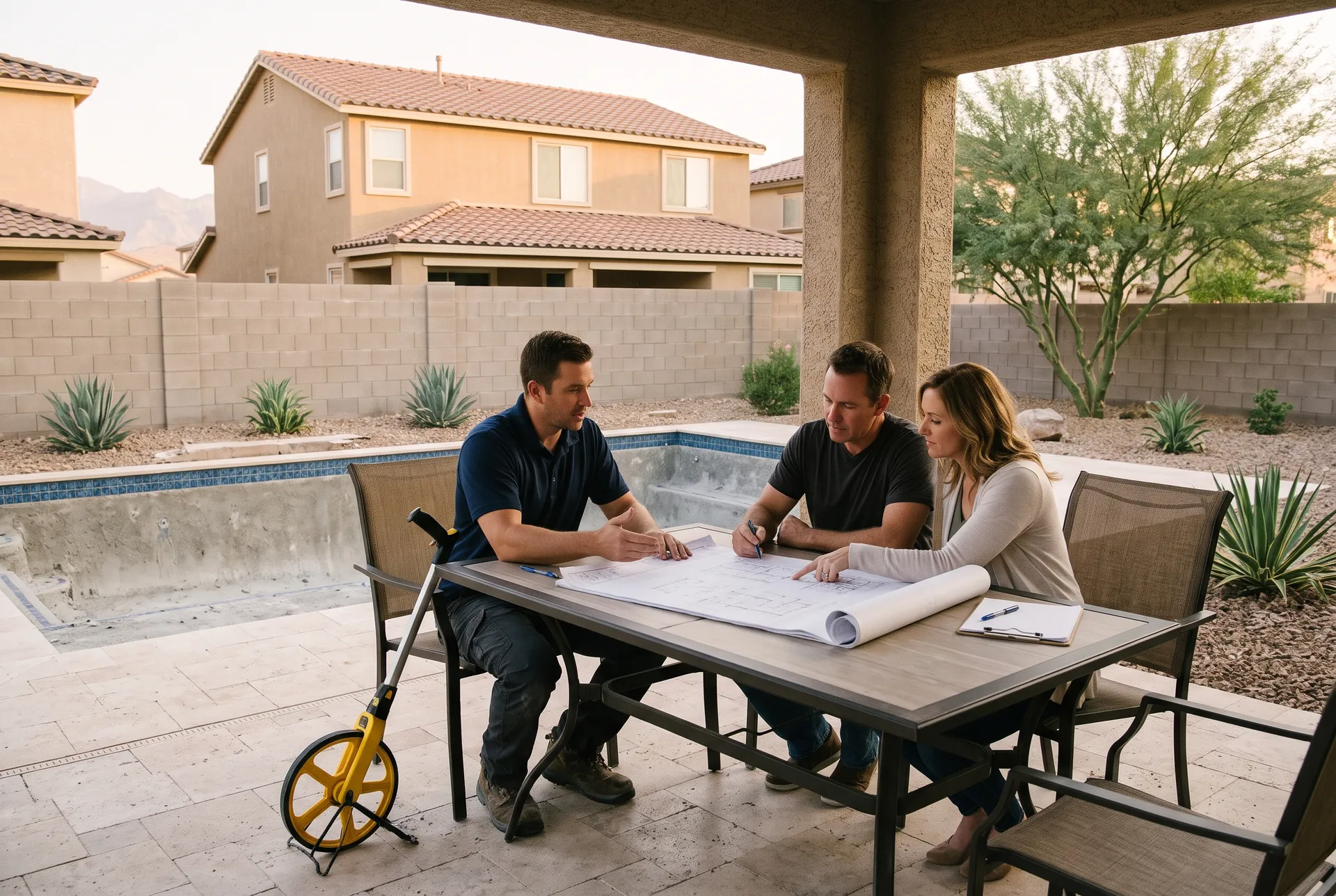 A pool designer in a navy polo shirt sitting at an outdoor patio table with a homeowner couple in their forties
