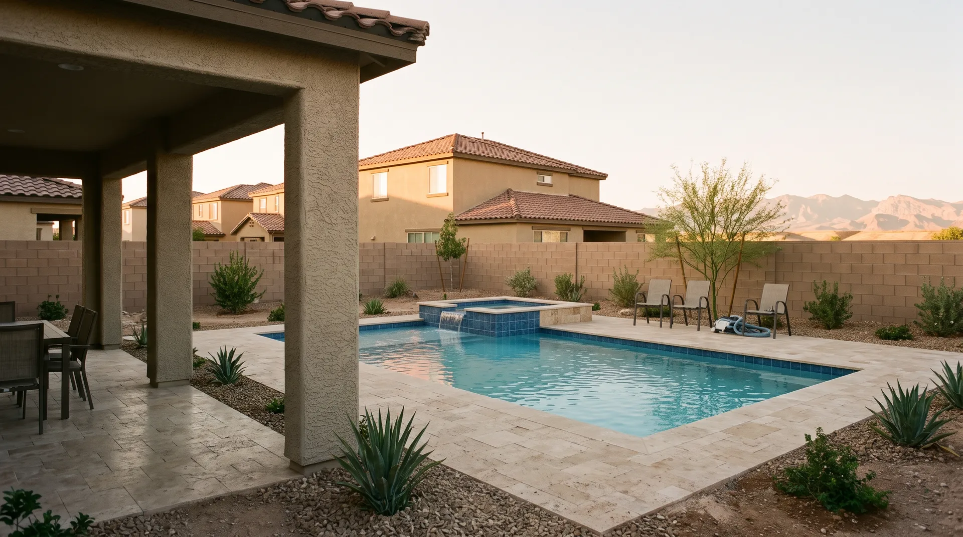 A newly built modest rectangular custom pool with a small raised spa, new travertine deck, new waterline tile, freshly planted desert landscaping