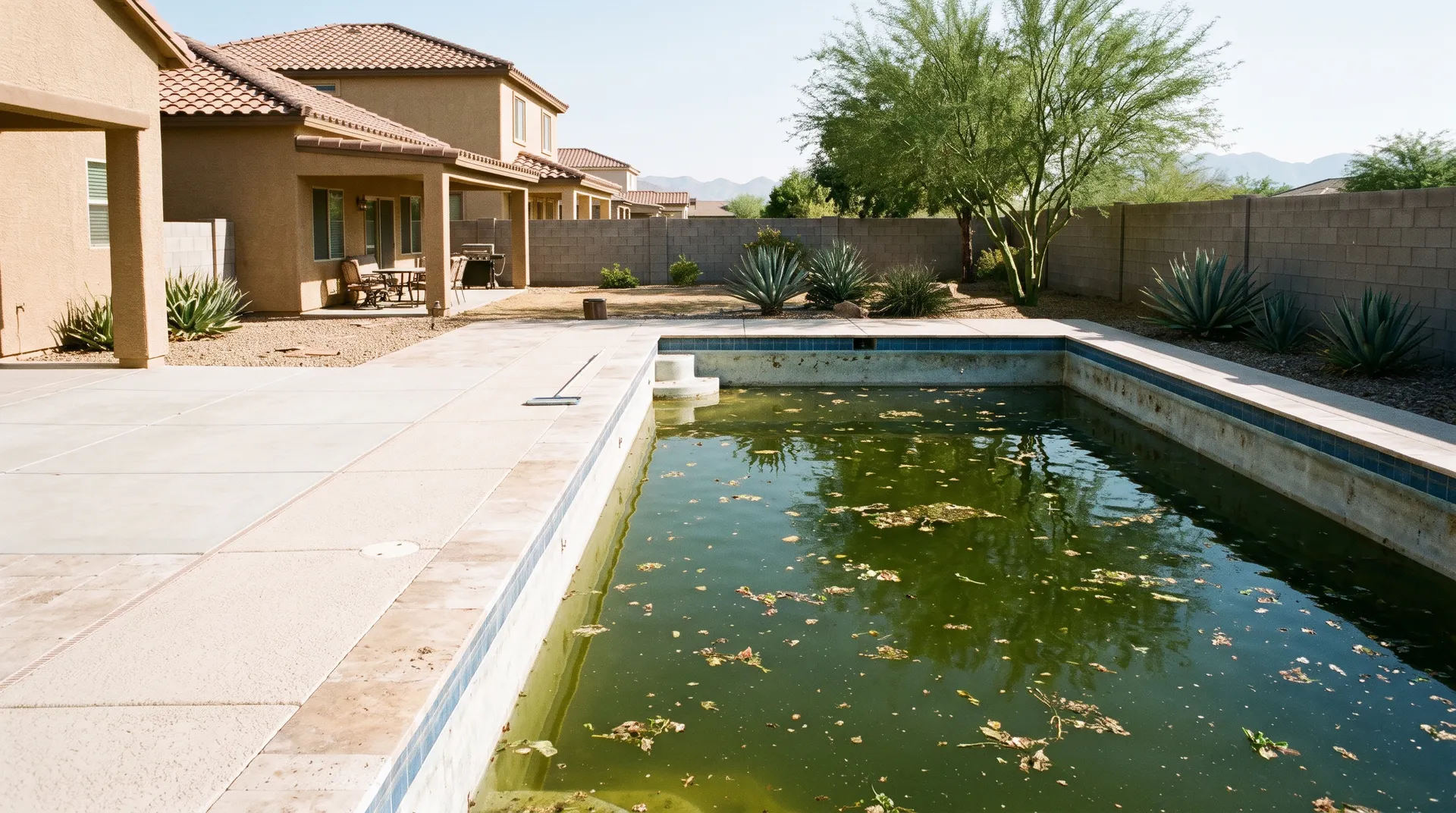 A backyard pool with cloudy dark green algae water, leaves floating, before a cleanup