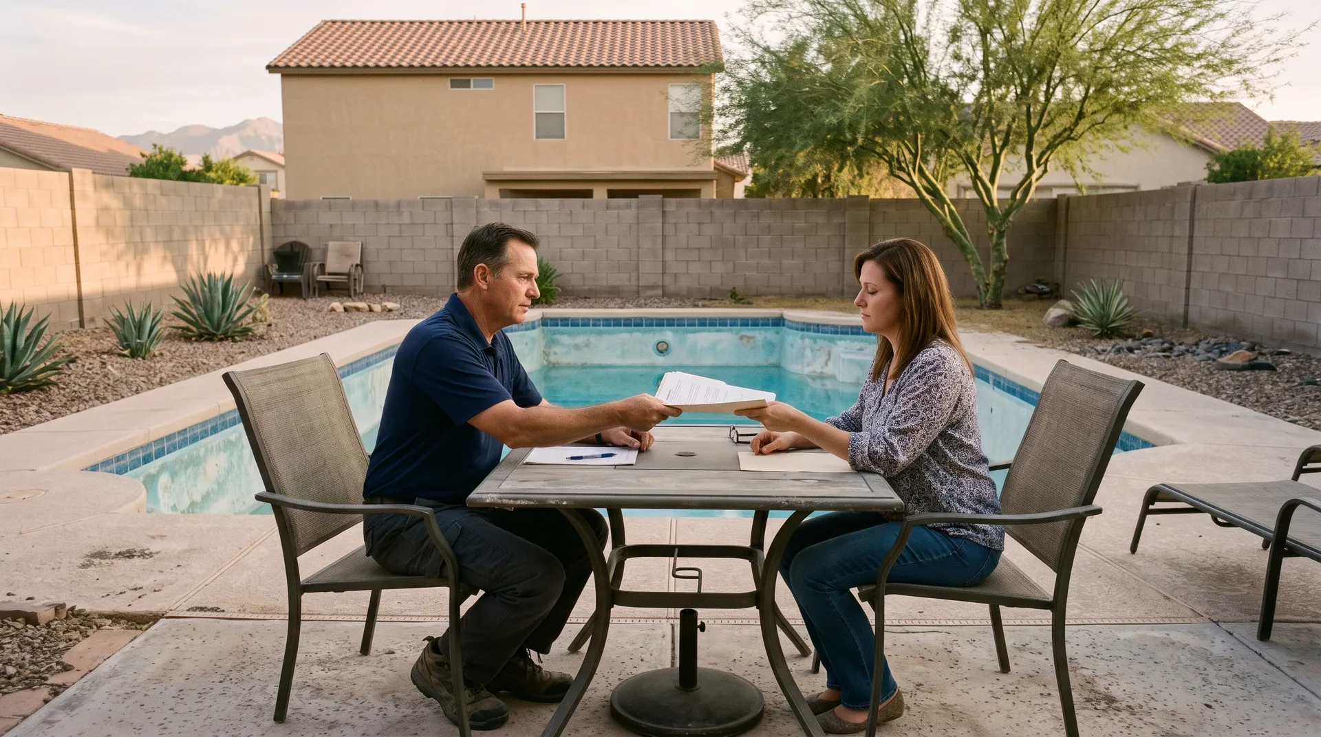 An estimator in a navy polo shirt handing a printed proposal folder to a homeowner woman at a patio table