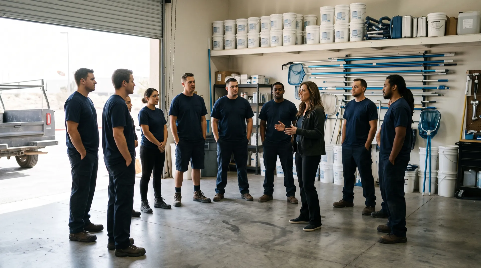 Pool technicians in navy shirts at a morning meeting with the owner inside the Kingfisher shop