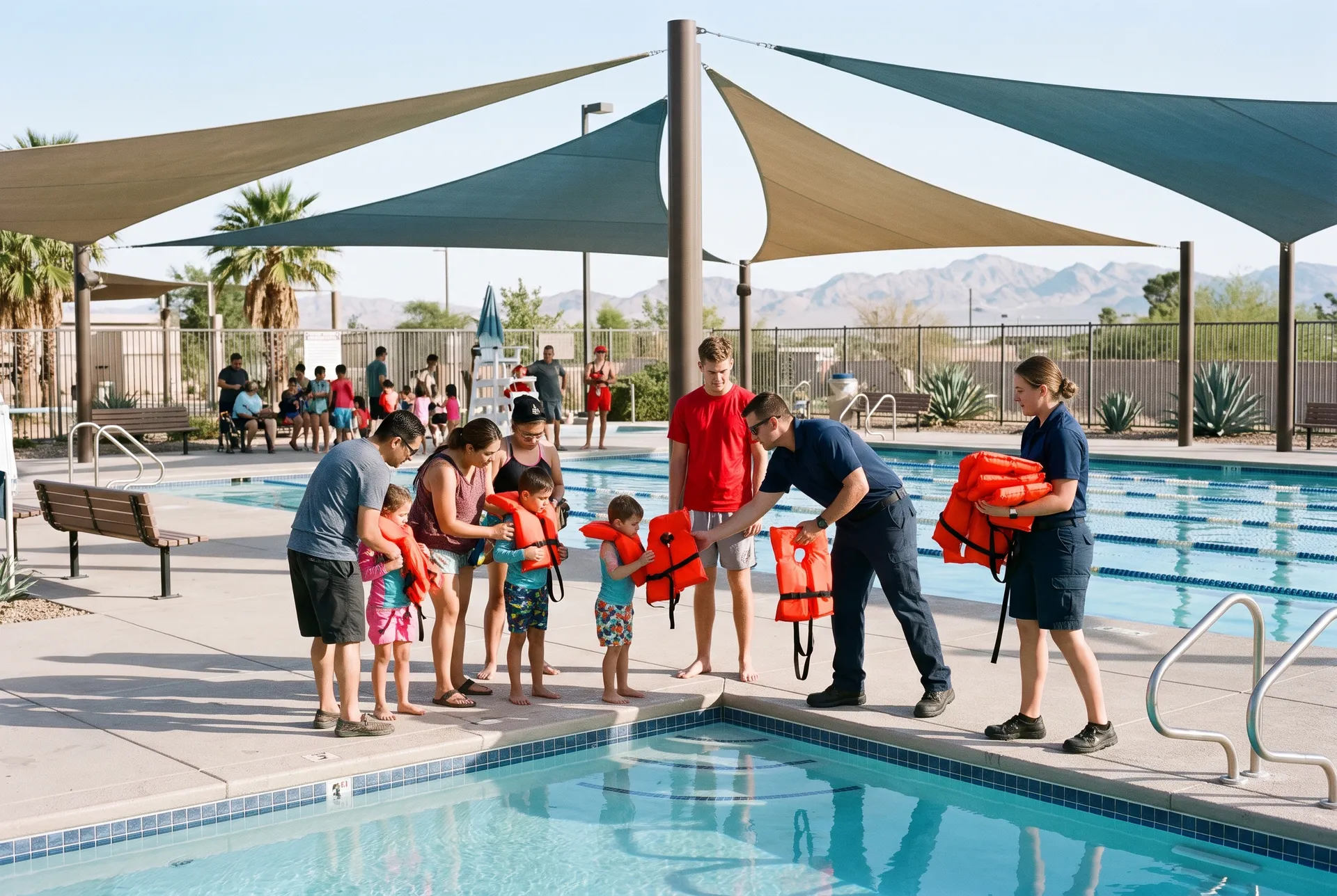 Two pool technicians handing out life jackets to children and parents at a community pool water safety morning
