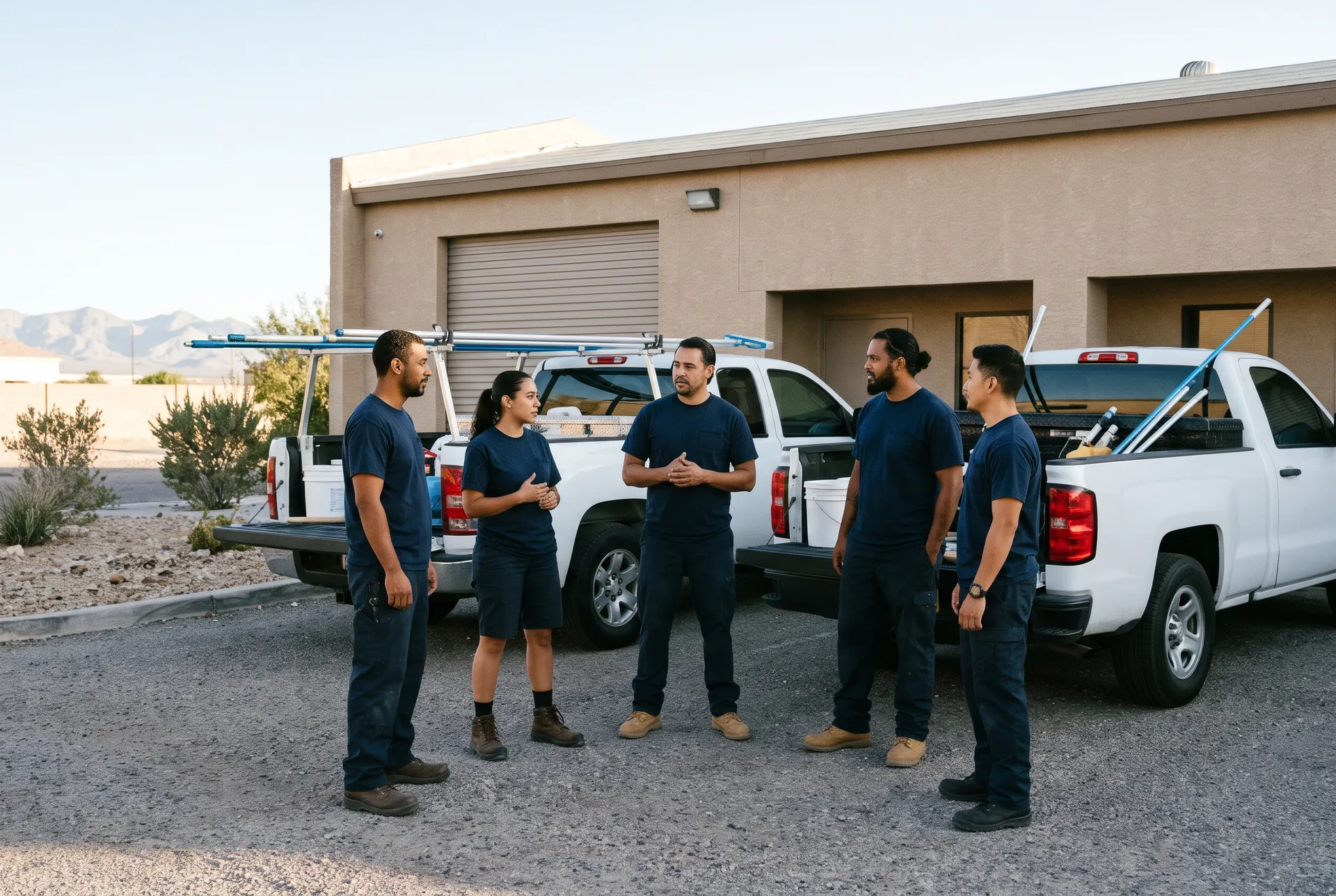 The Kingfisher Pool & Spa team beside their white service trucks in Las Vegas