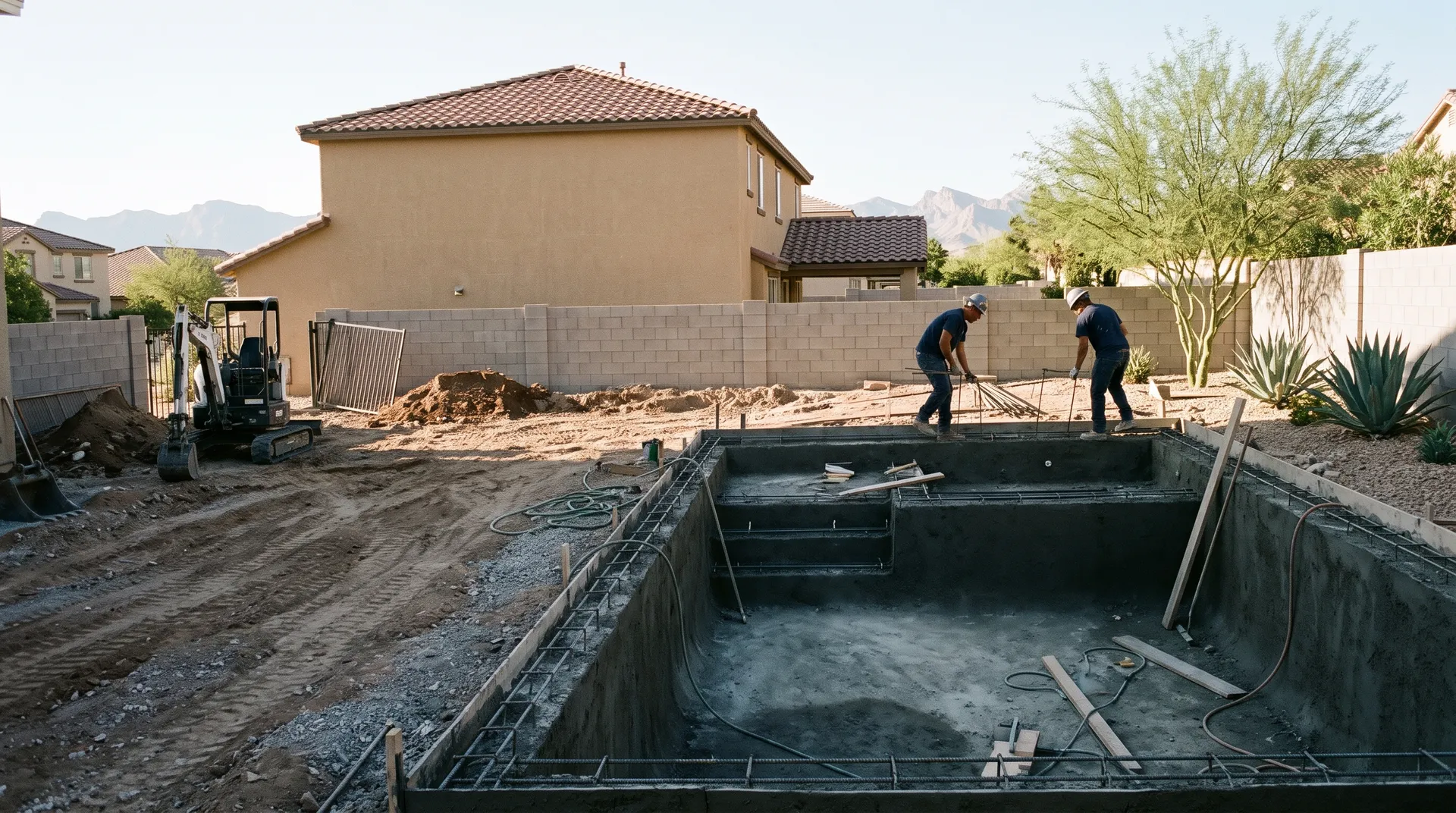 Two workers in navy shirts beside a newly built concrete pool shell with exposed rebar in a Las Vegas backyard