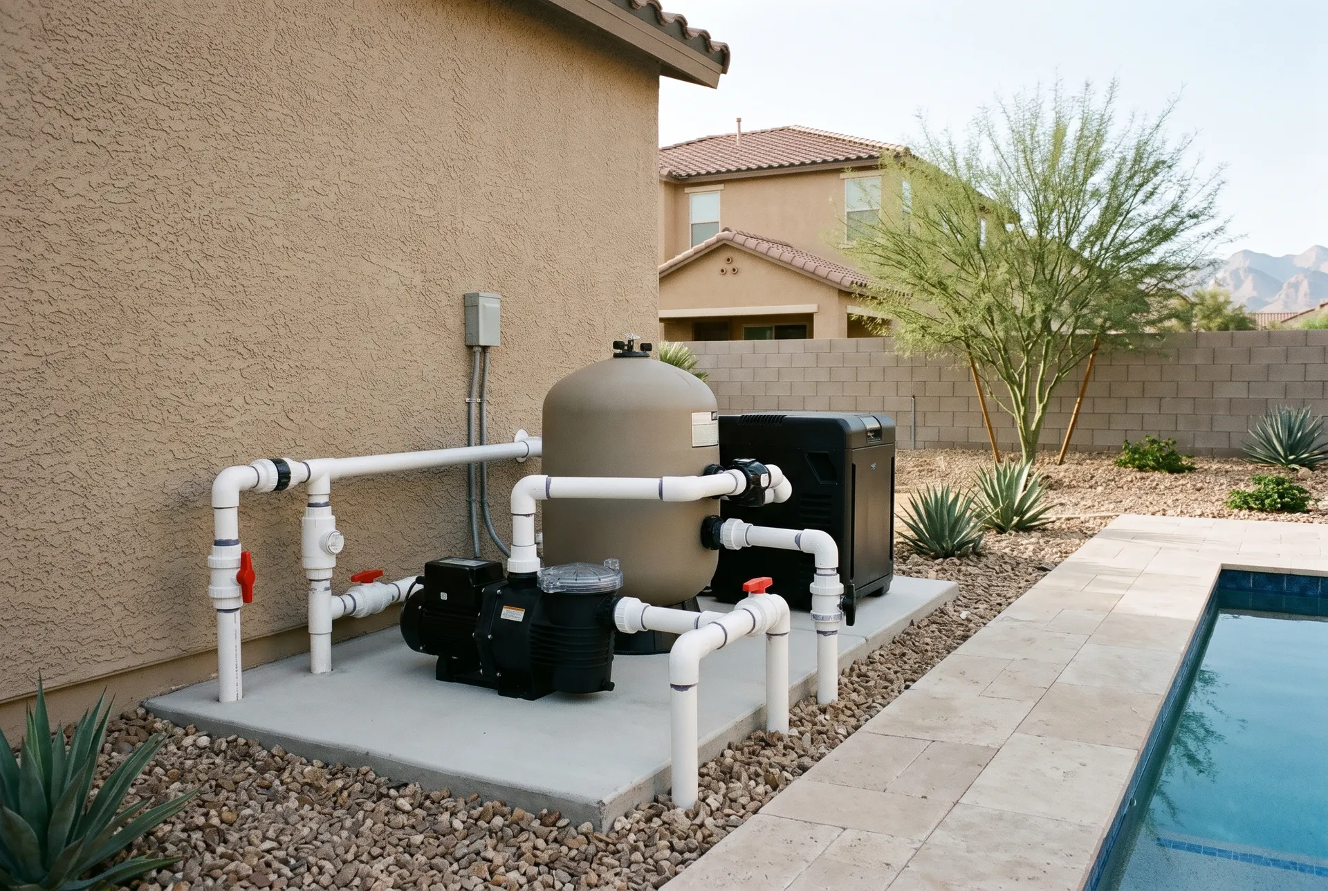 A new pool equipment pad beside a stucco wall with a variable-speed pump and a cartridge filter tank
