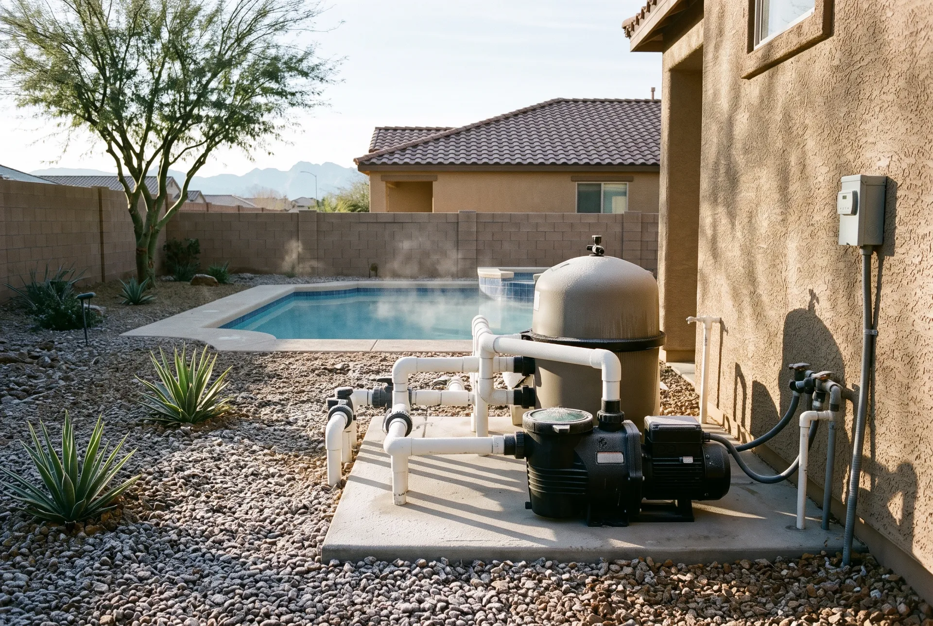 A pool equipment pad on a frosty winter morning in Las Vegas, with frost on the gravel and the pump running