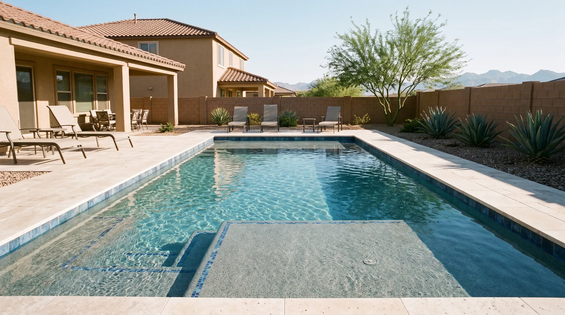 A renovated backyard pool with a new grey-blue pebble finish visible through clear water, new waterline tile and coping, afternoon sun