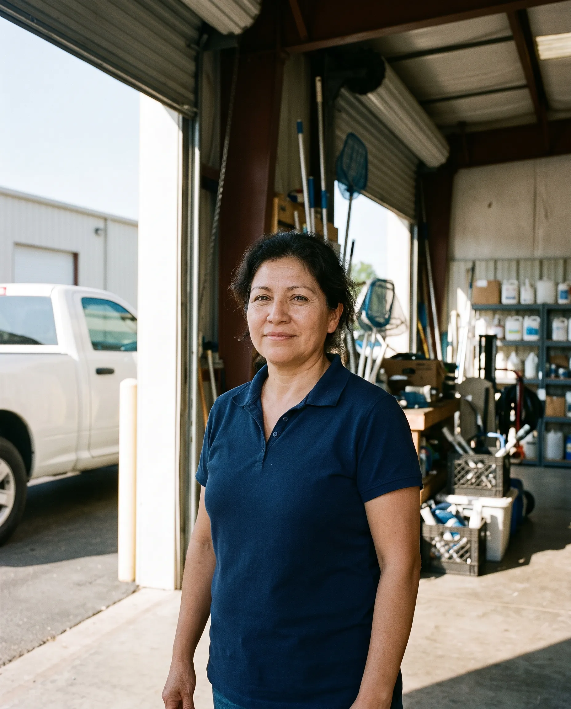 Rosa Delgado, founder of Kingfisher Pool & Spa, at the open door of the company shop