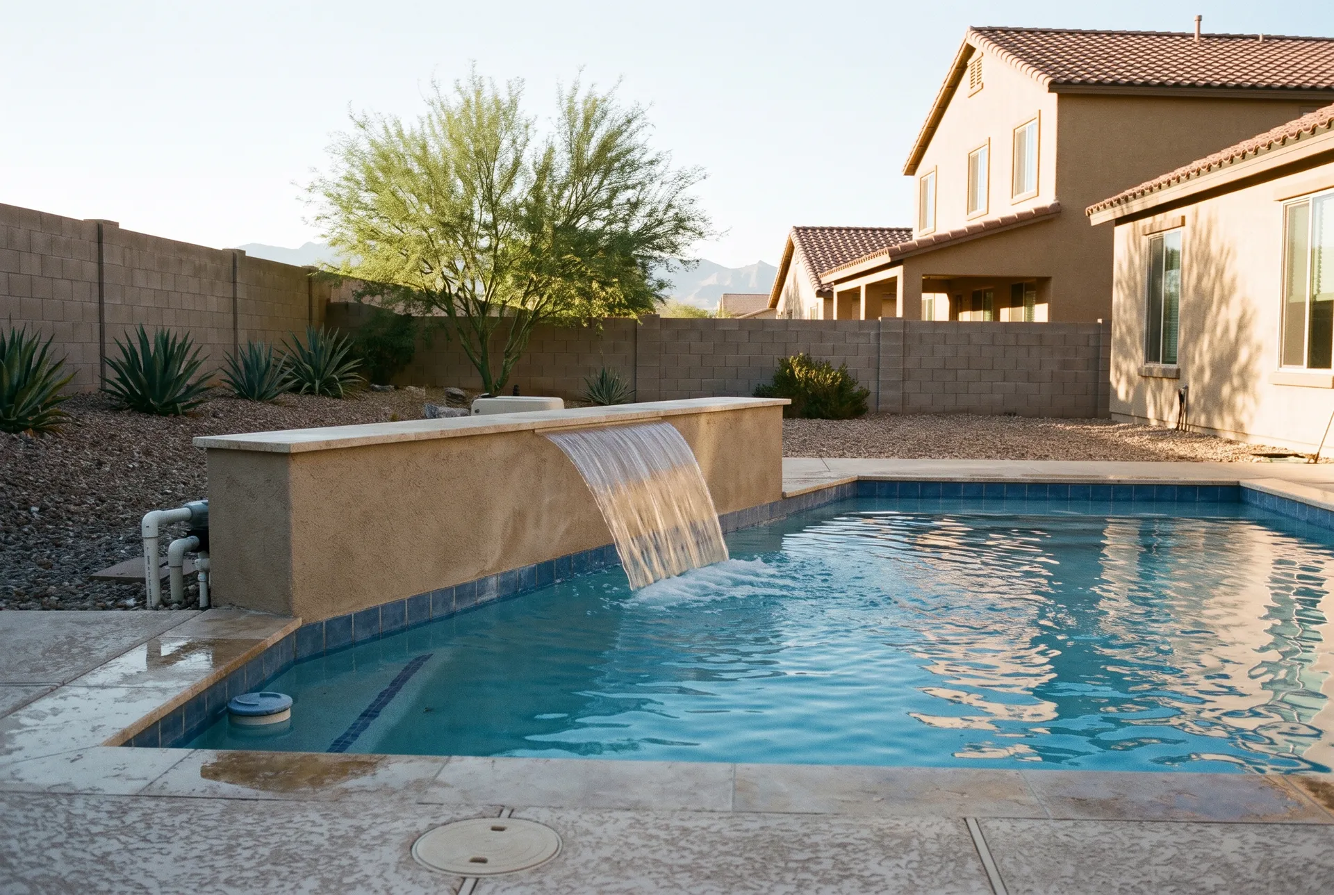 A small sheer descent water feature pouring a thin sheet of water from a low raised wall into a backyard pool