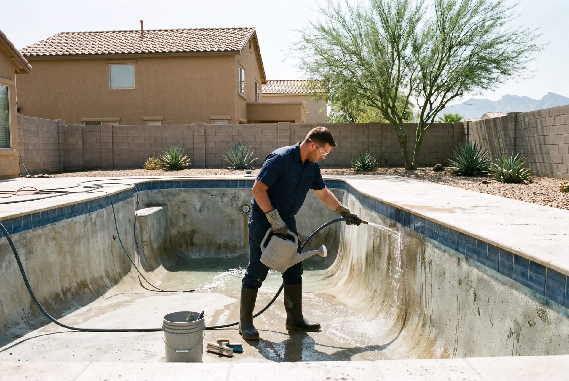 A technician in rubber boots, gloves and safety glasses rinsing the stained plaster wall of a drained pool with a hose