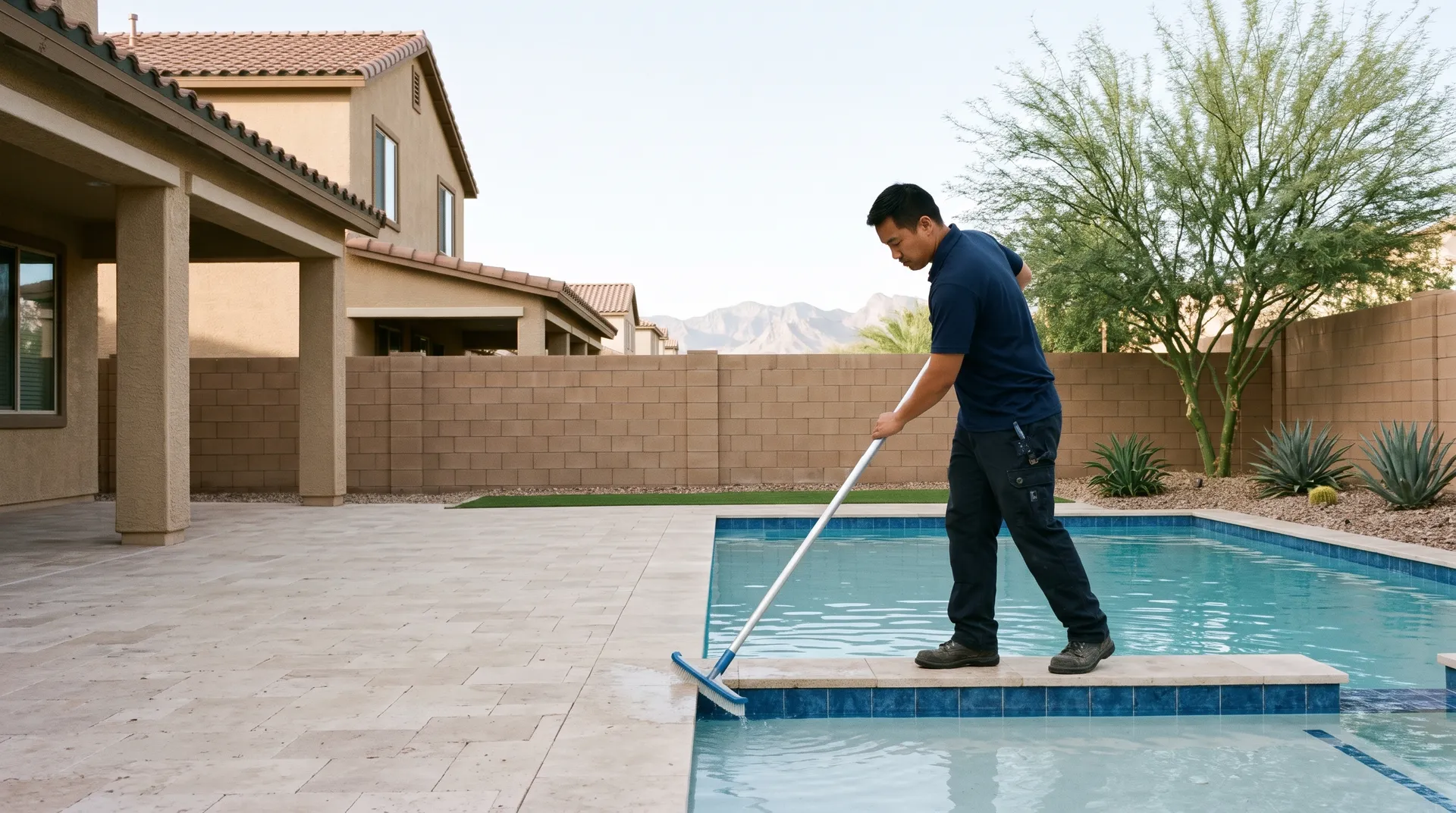 A technician brushing the tile line of a backyard pool with a tile brush on a pole, standing on the deck