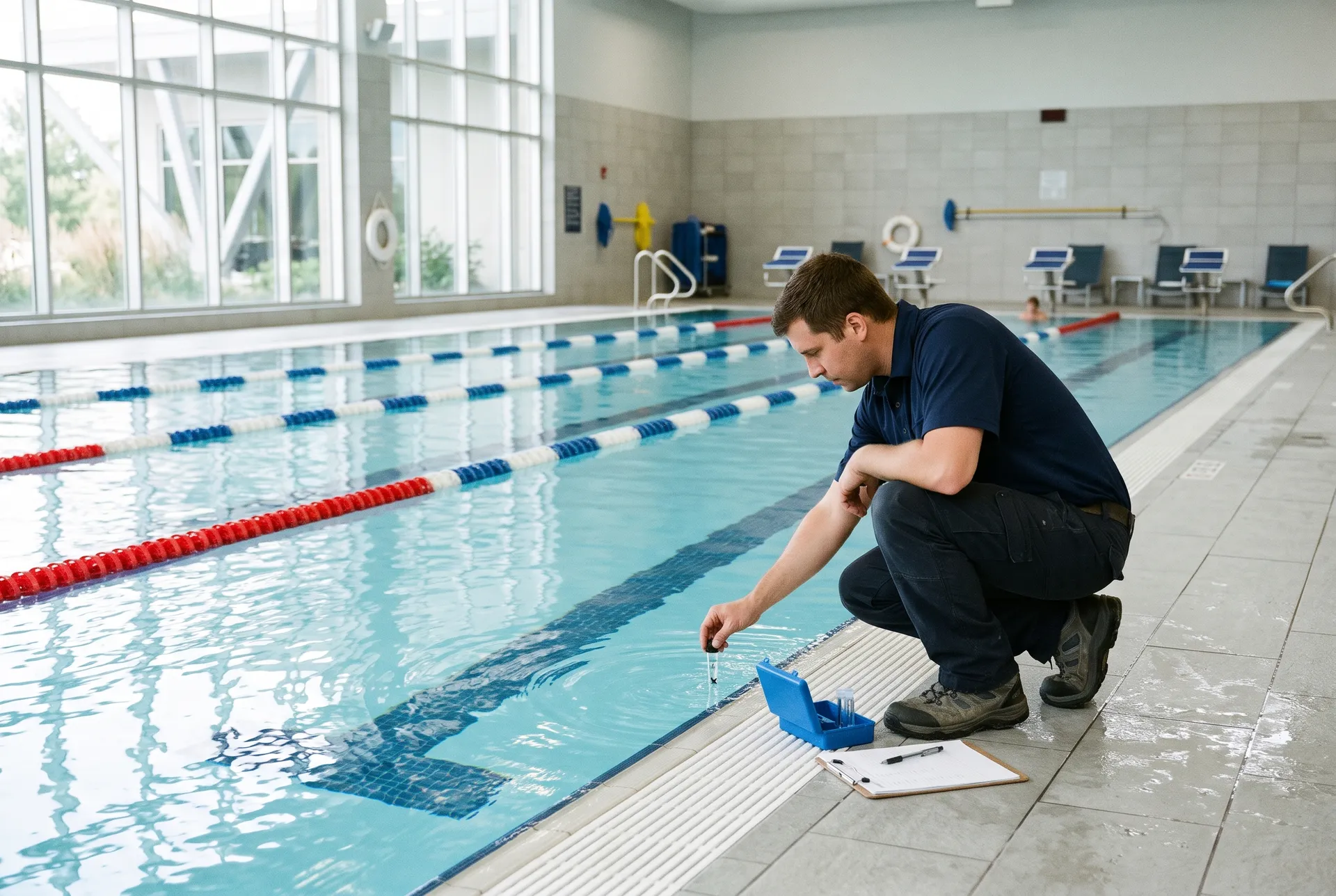 A technician in a navy shirt testing the water of an indoor lap pool at a fitness center, lane ropes, large windows, clean tile