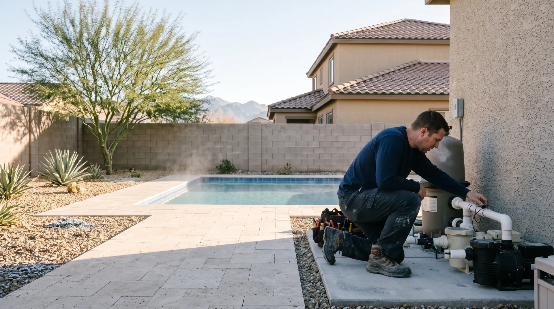 A technician in a navy long-sleeve work shirt checking a small sensor on the plumbing at an equipment pad on a cold clear winter morning