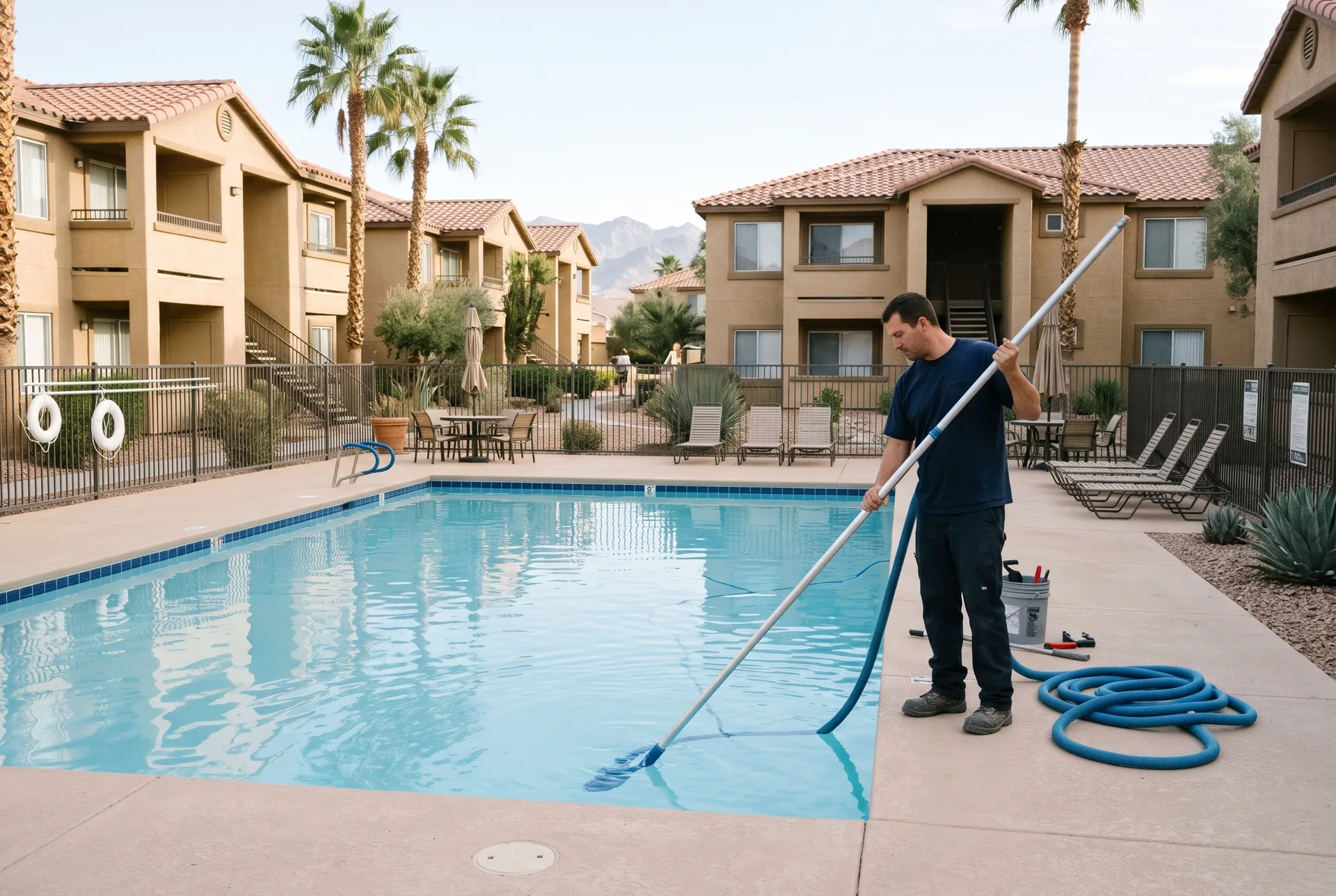 A technician vacuuming a larger rectangular pool at a Las Vegas apartment complex courtyard, three-story stucco buildings, palm trees, lounge chairs