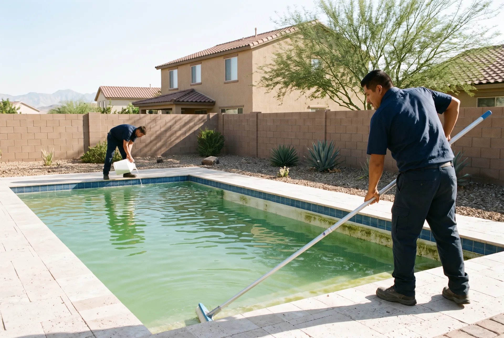 Technicians starting a green pool cleanup by brushing the walls of a cloudy green pool