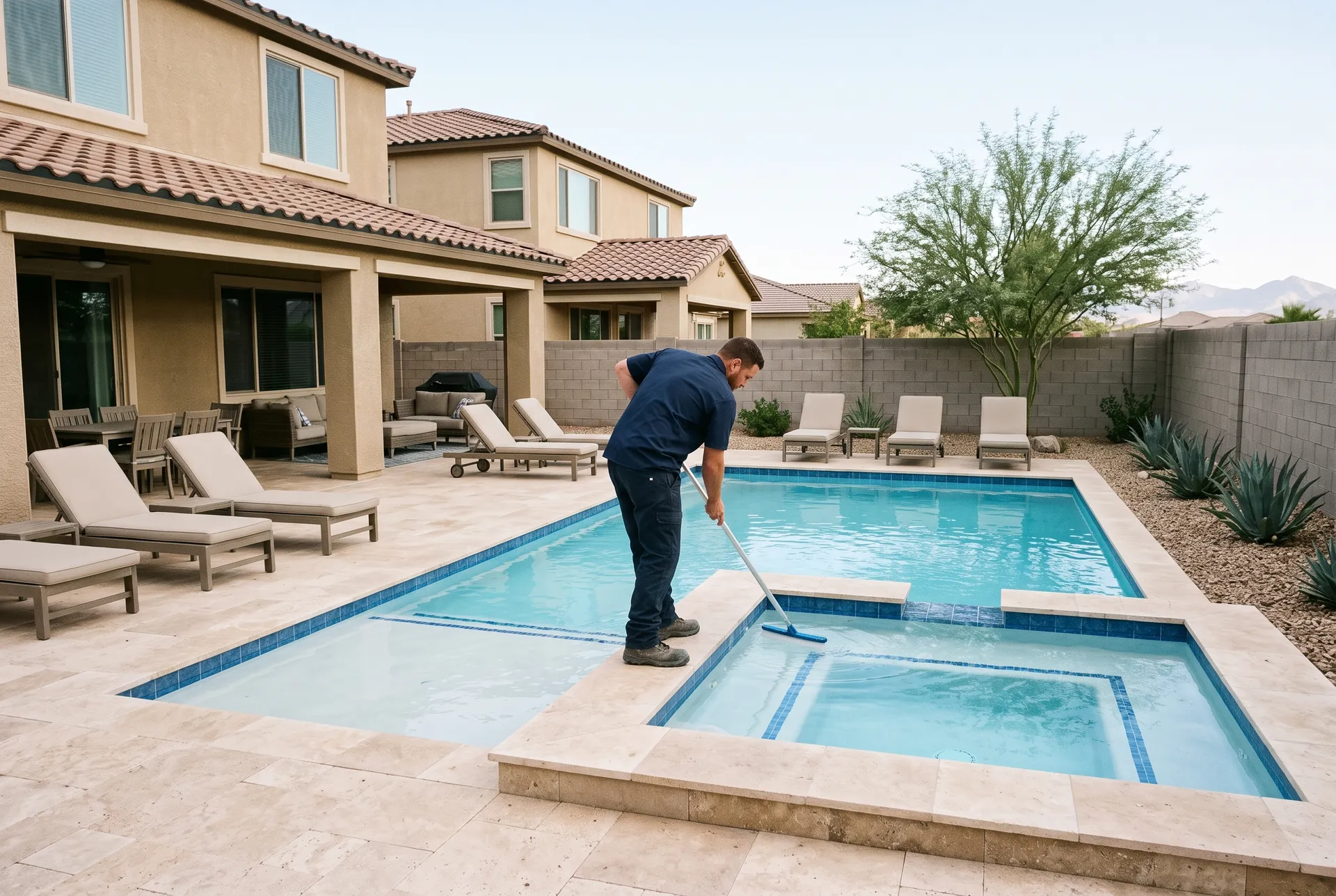 A technician brushing the spa of a modern vacation rental home pool, lounge chairs neatly arranged, a covered patio with outdoor furniture