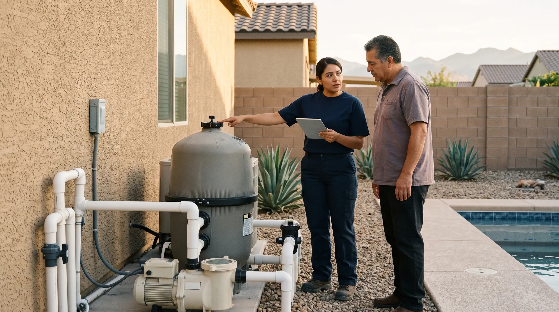 Technician going over a written repair estimate with a homeowner at the pool equipment