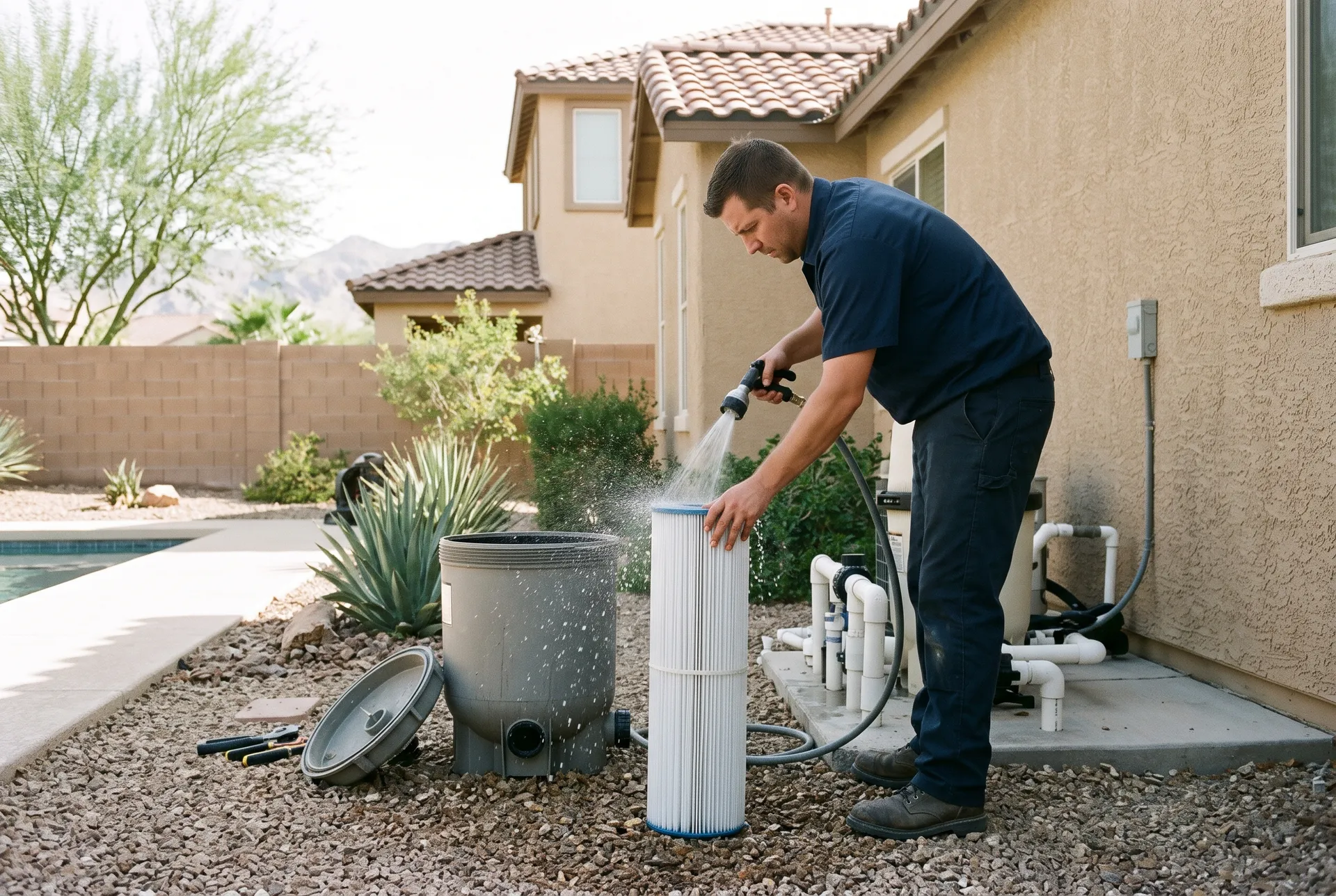 Technician hosing off a pleated pool filter cartridge during a filter cleaning