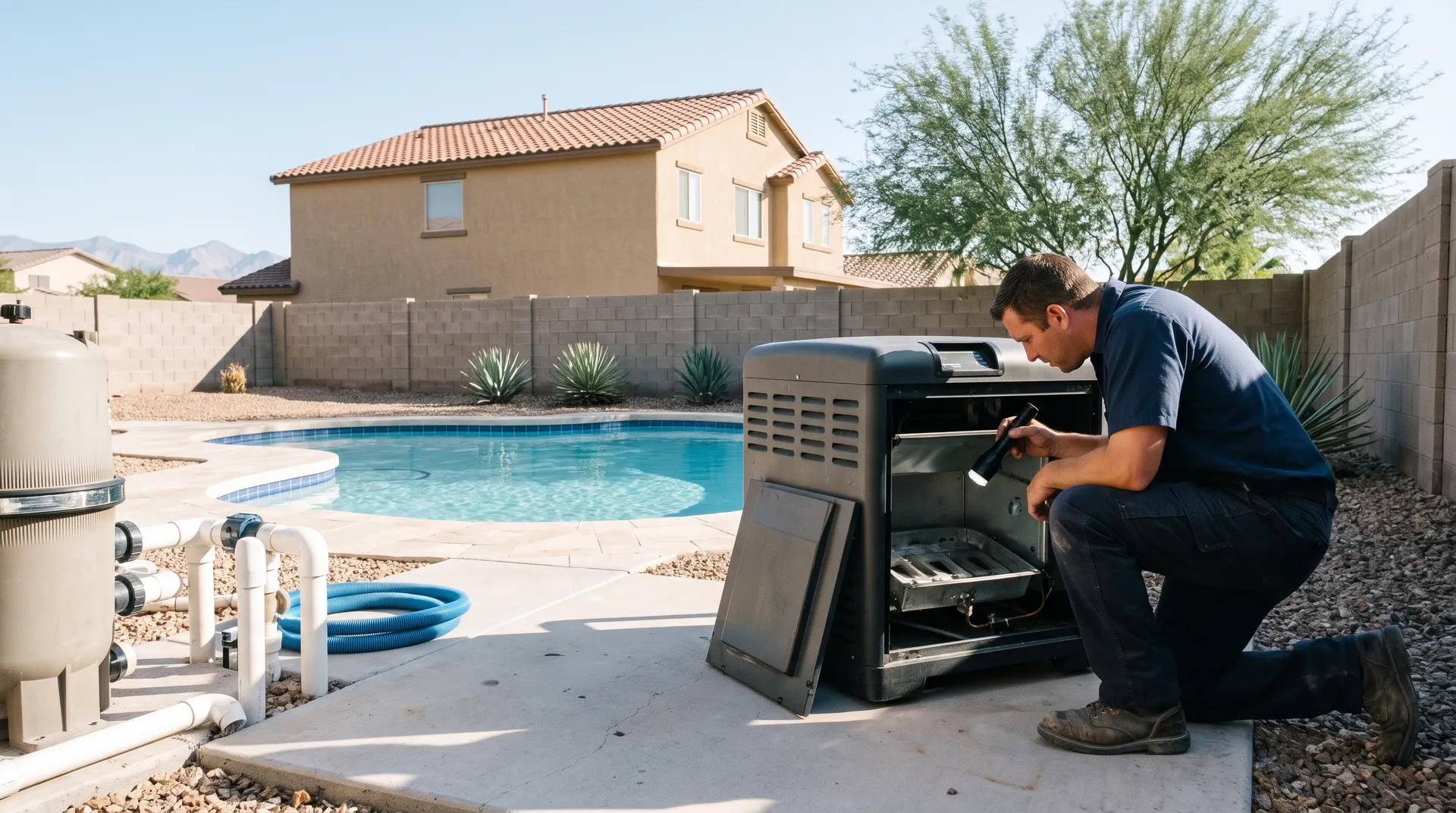 A repair technician kneeling at an open pool gas heater with the front panel removed, inspecting the burner tray with a flashlight