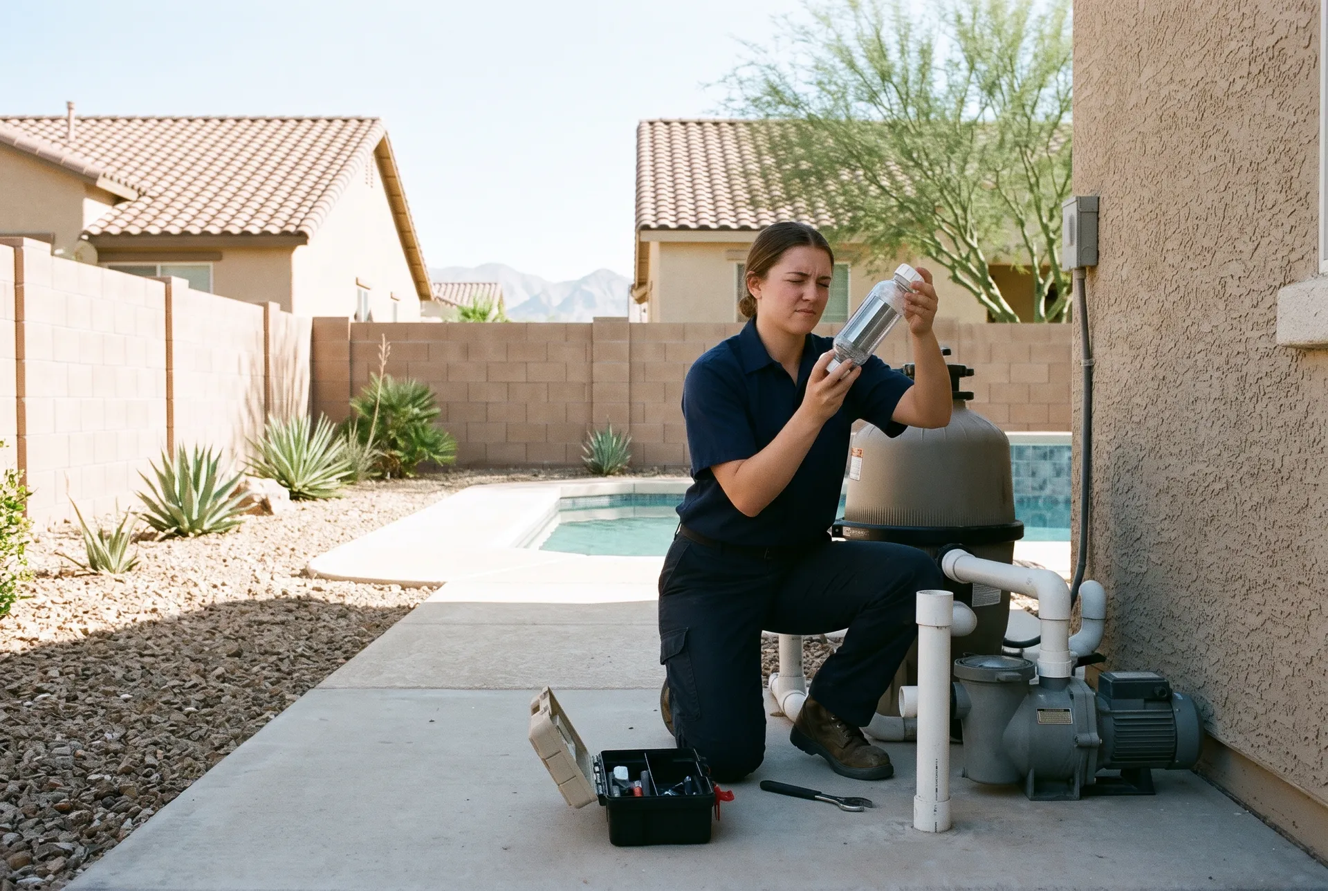 Technician inspecting a salt chlorine cell for calcium scale at the equipment pad