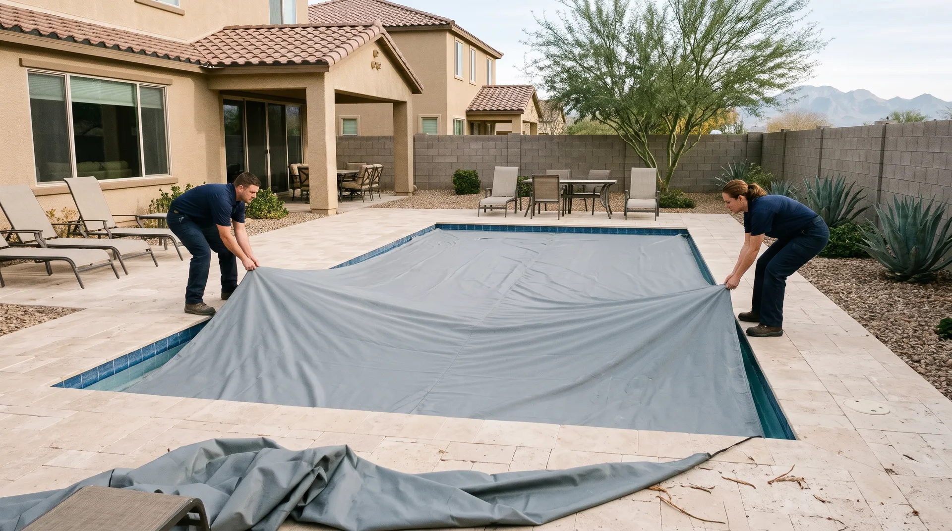 Two technicians pulling a plain grey solid pool cover across a rectangular pool at a quiet vacation home in late autumn