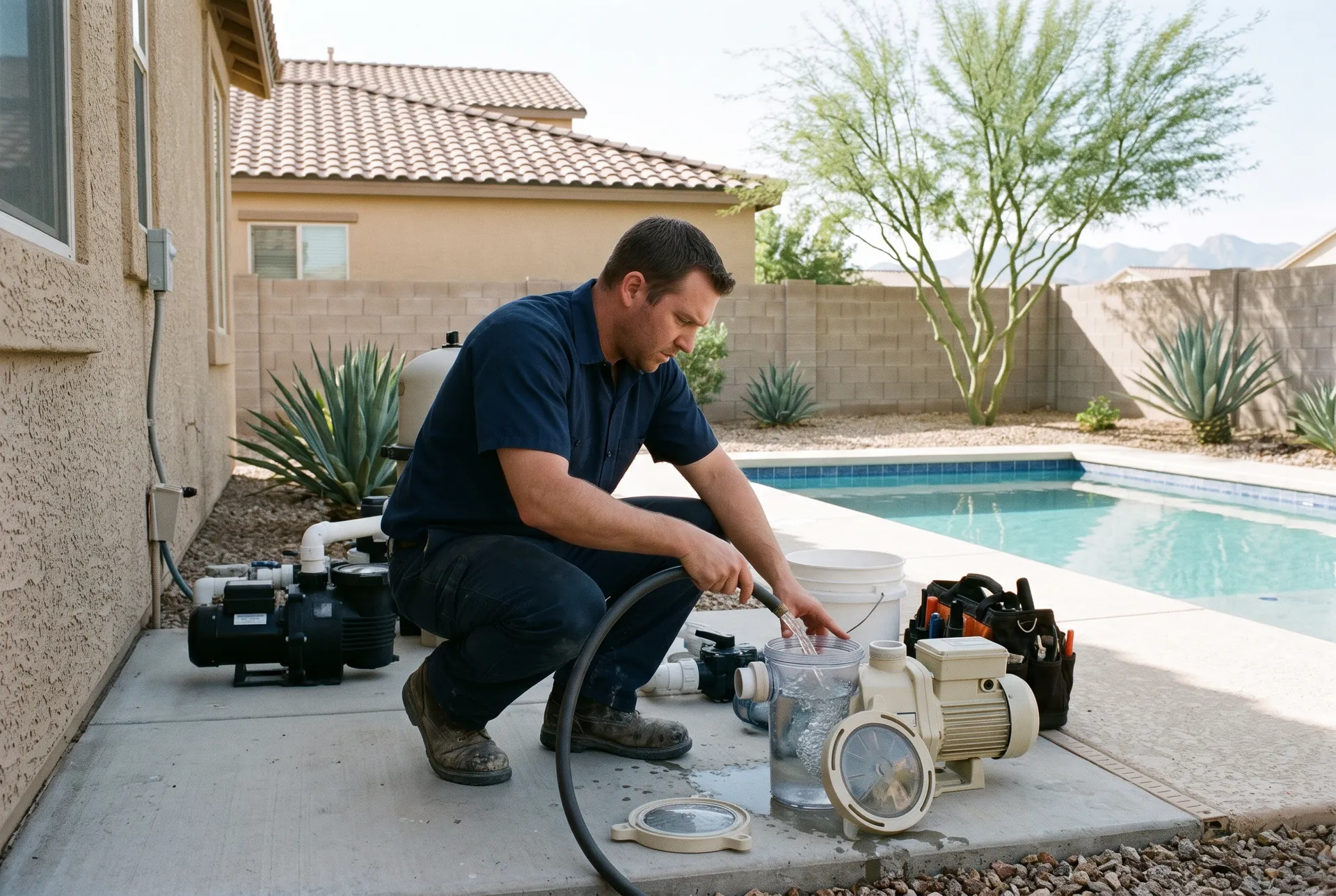 A technician priming a pool pump at an equipment pad during a pool opening