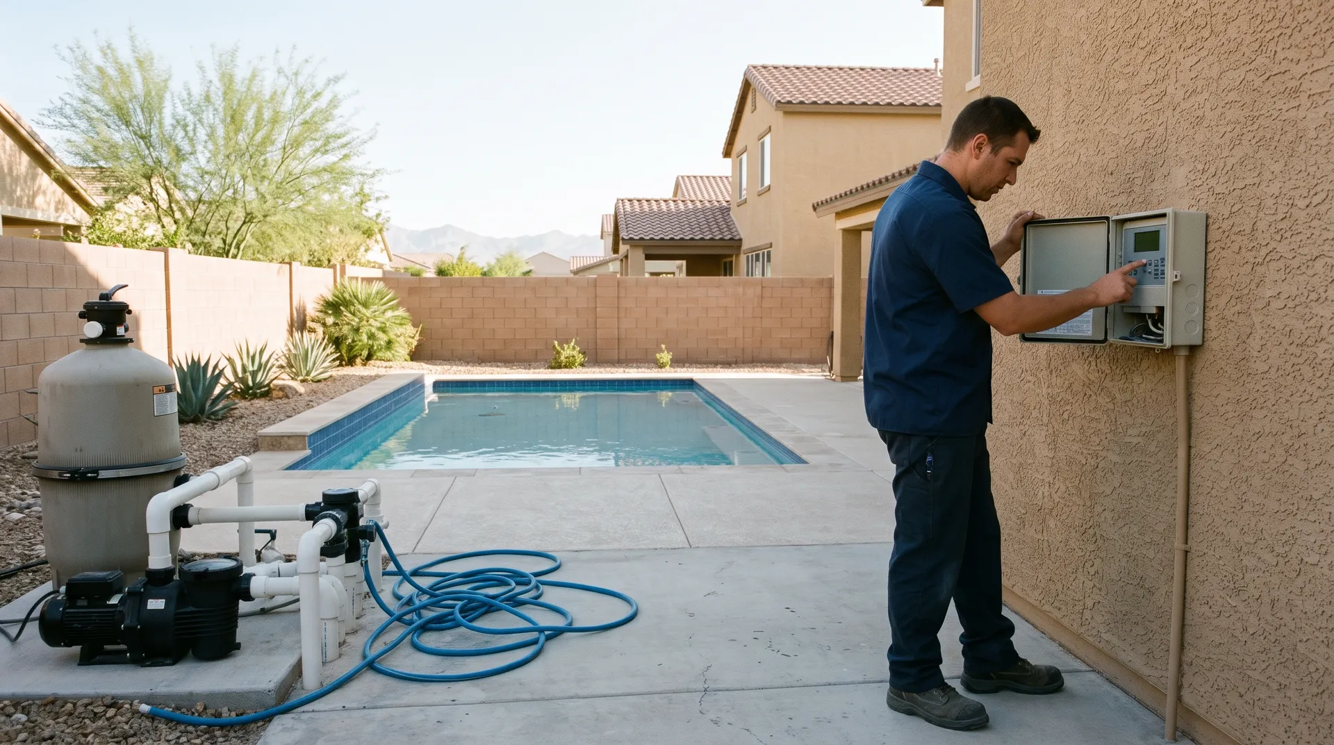 A technician pressing buttons on a pool automation control panel mounted on a stucco wall at the equipment pad