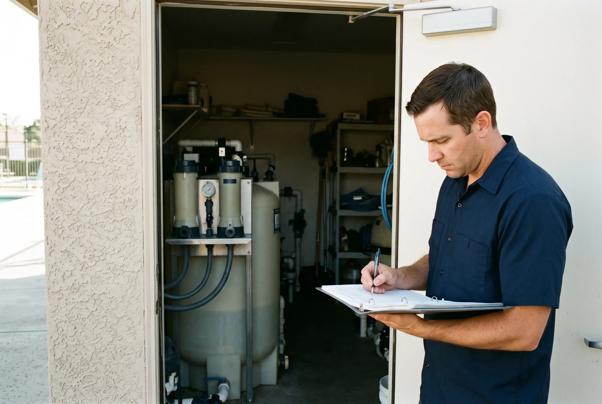A technician writing in a chemical log binder at the doorway of a commercial pool equipment room