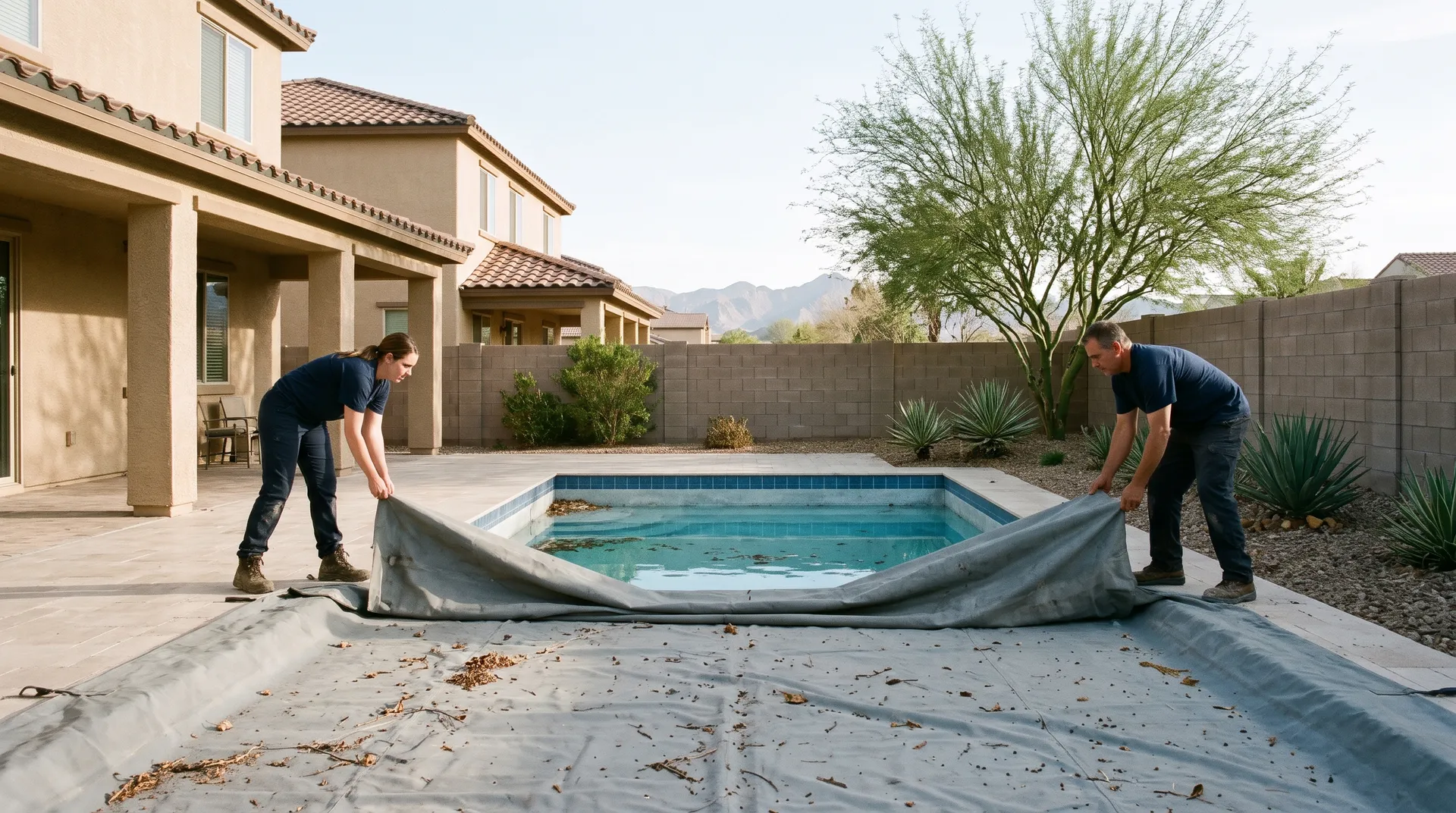 Two technicians folding back a dusty grey pool cover from a pool at a vacation home being opened, leaves on the cover, spring morning