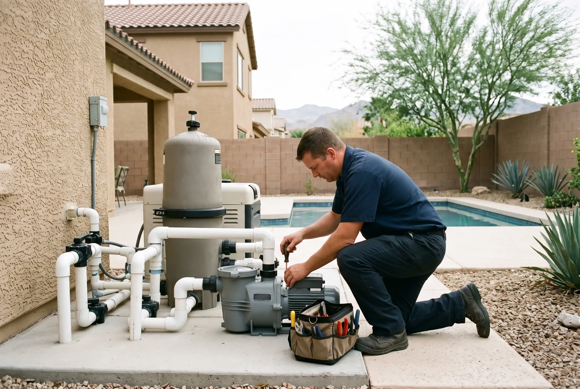 Repair technician working on a variable-speed pool pump at a Las Vegas equipment pad
