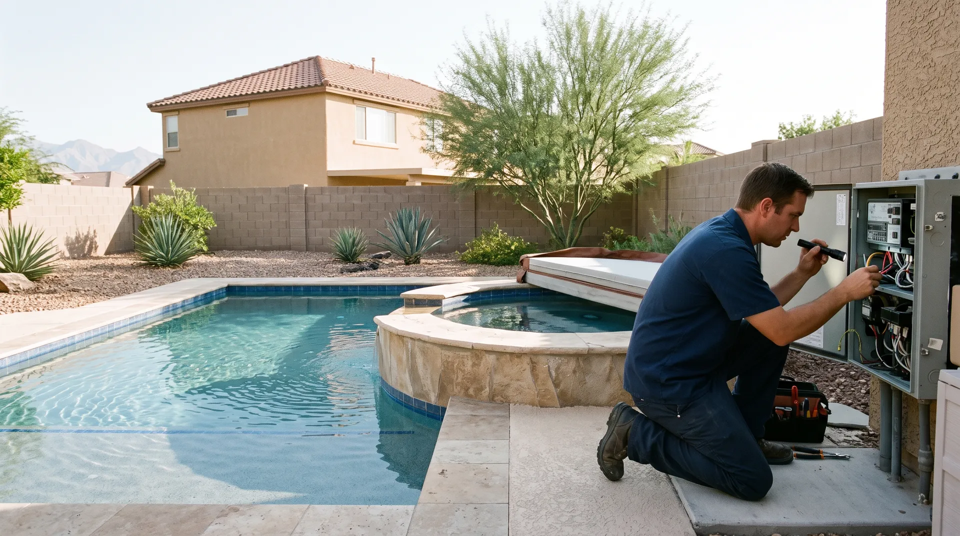 A technician working on an open spa equipment control pack beside a hot tub, wiring neatly visible, a flashlight in hand