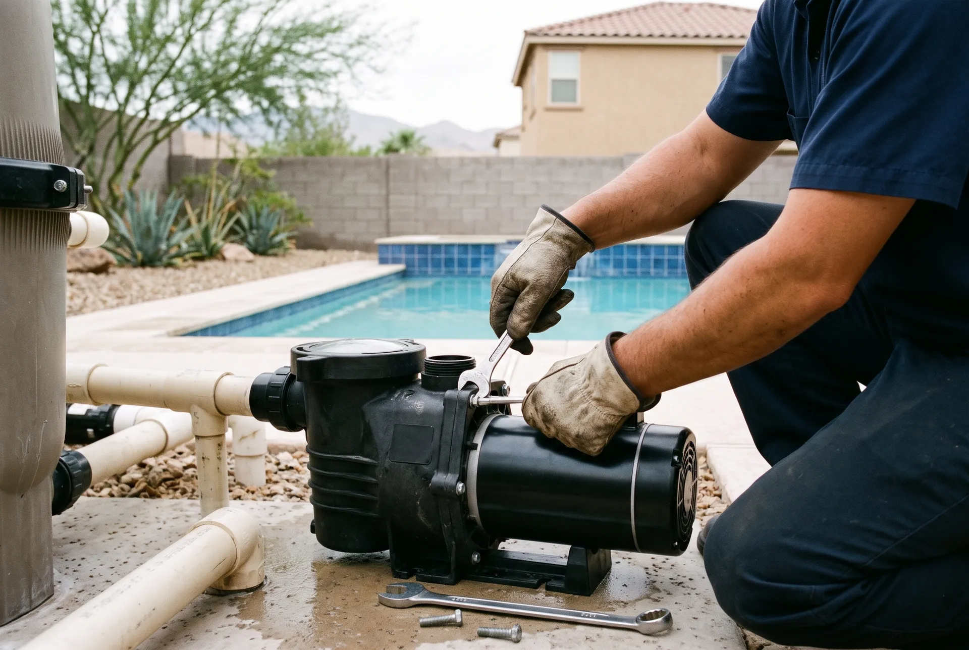 Close view of a technician's hands in work gloves fitting a new motor onto a pool pump housing with a wrench at an equipment pad