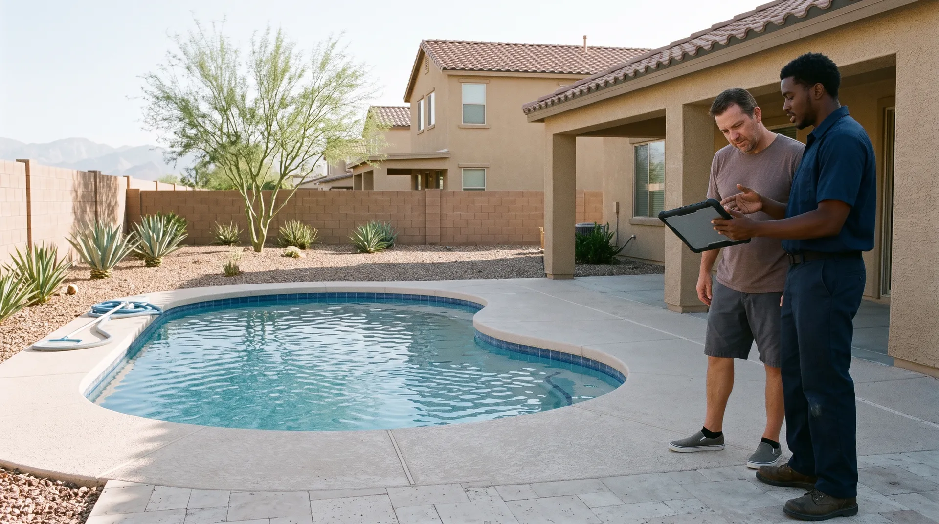 A technician showing a visit report on a tablet to a homeowner on the patio beside the pool
