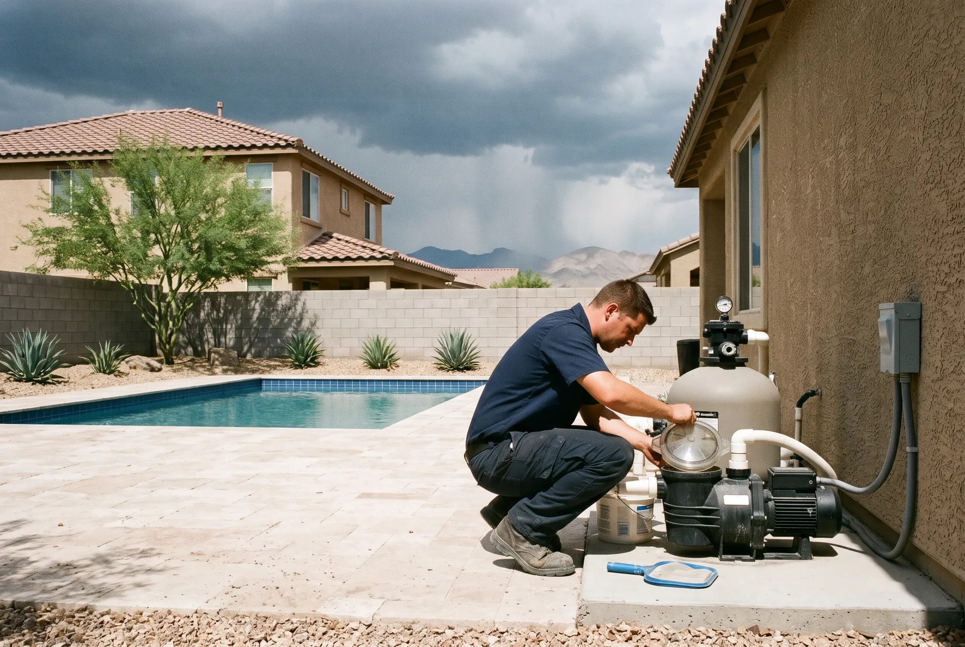 A technician checking the pump basket and filter gauge at an equipment pad on a hot summer afternoon, building storm clouds in the sky