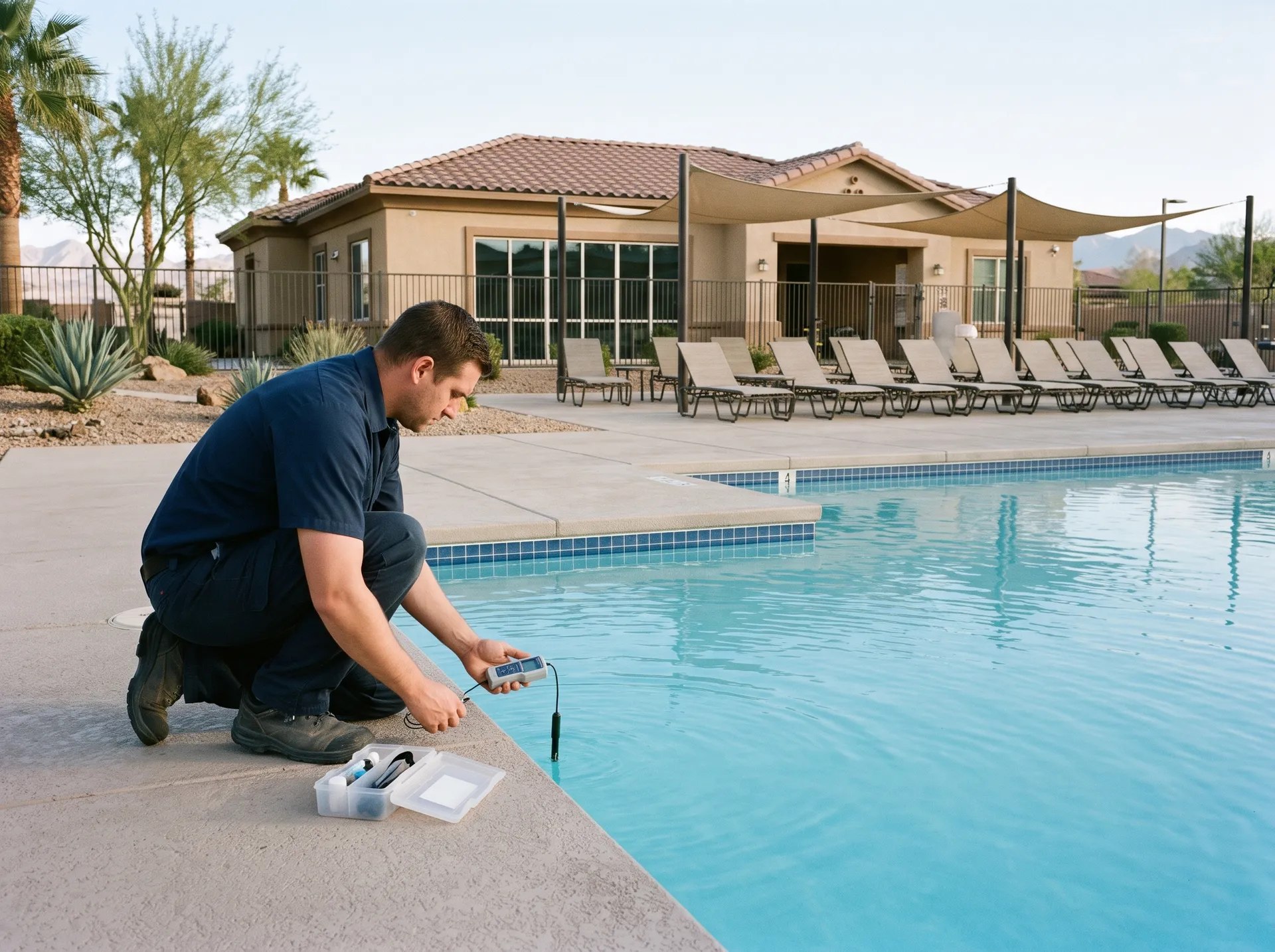 Technician testing the water at an HOA community pool in Las Vegas