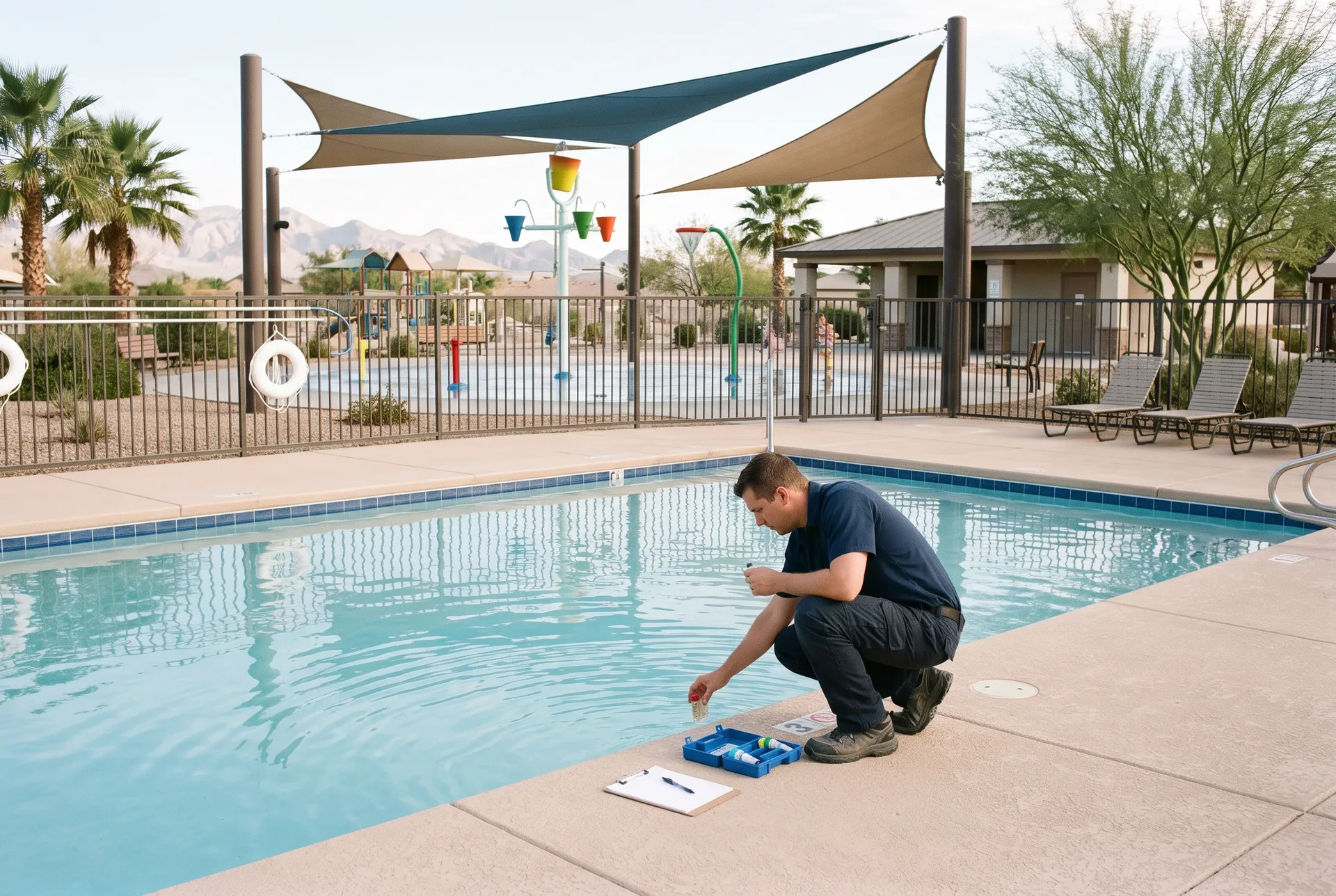 A technician checking the water of a small neighborhood pool next to a splash pad at a community park, fenced, shade structures