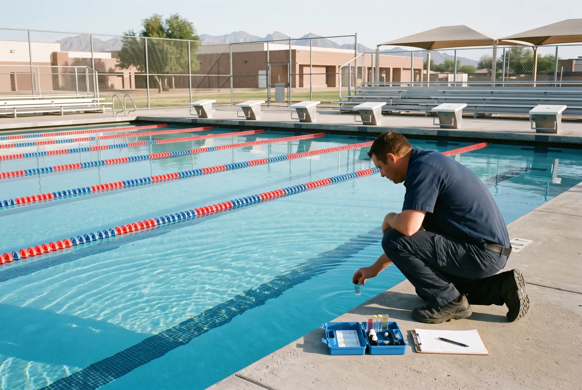 A technician testing the water of an outdoor school swimming pool with lane lines and starting blocks, bleachers, fenced, morning