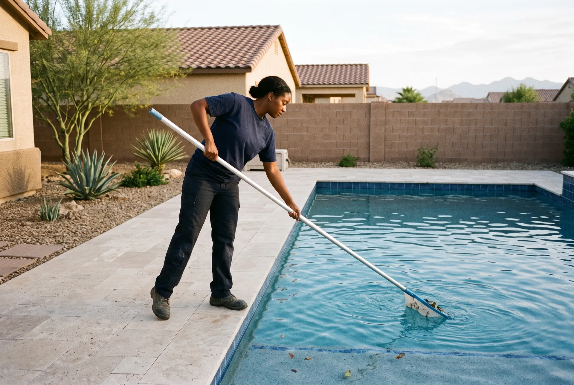 Pool technician skimming leaves from a Las Vegas backyard pool with a leaf net