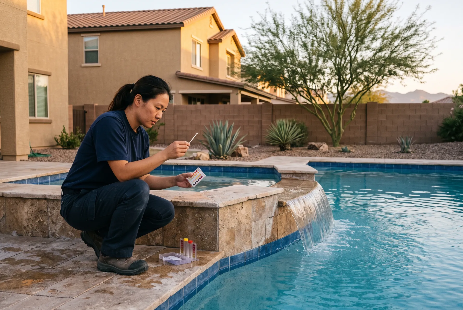 Technician checking hot tub water with a test strip beside a spa that spills into the pool