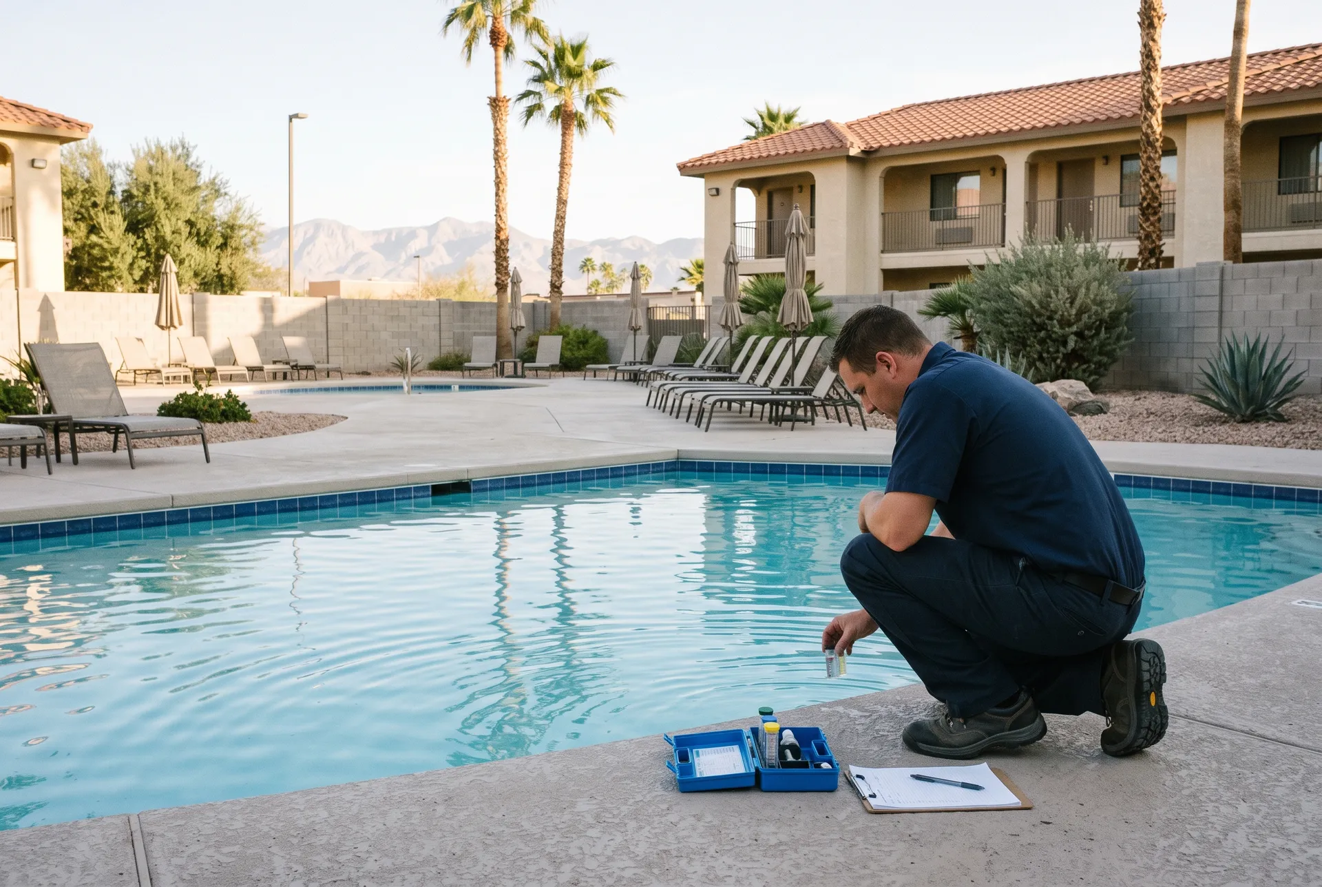 A technician testing the water at a small hotel pool with lounge chairs and umbrellas, a two-story building behind