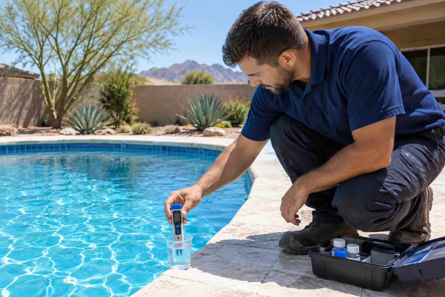 A technician dipping a handheld digital salt meter into a pool water sample cup at the pool edge