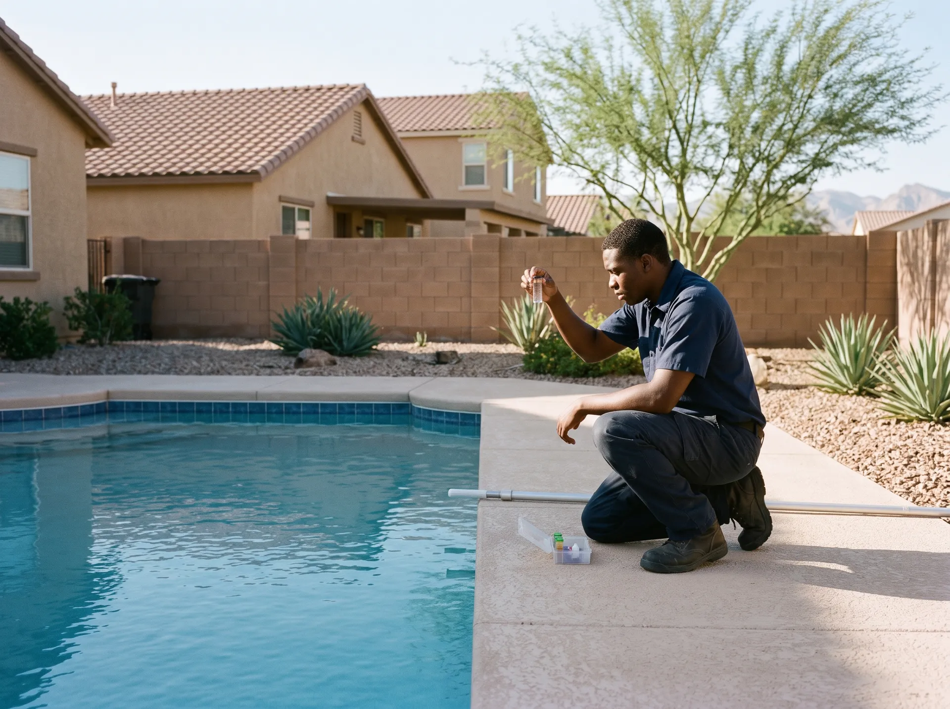 Pool technician checking a water sample during a weekly maintenance visit in Las Vegas