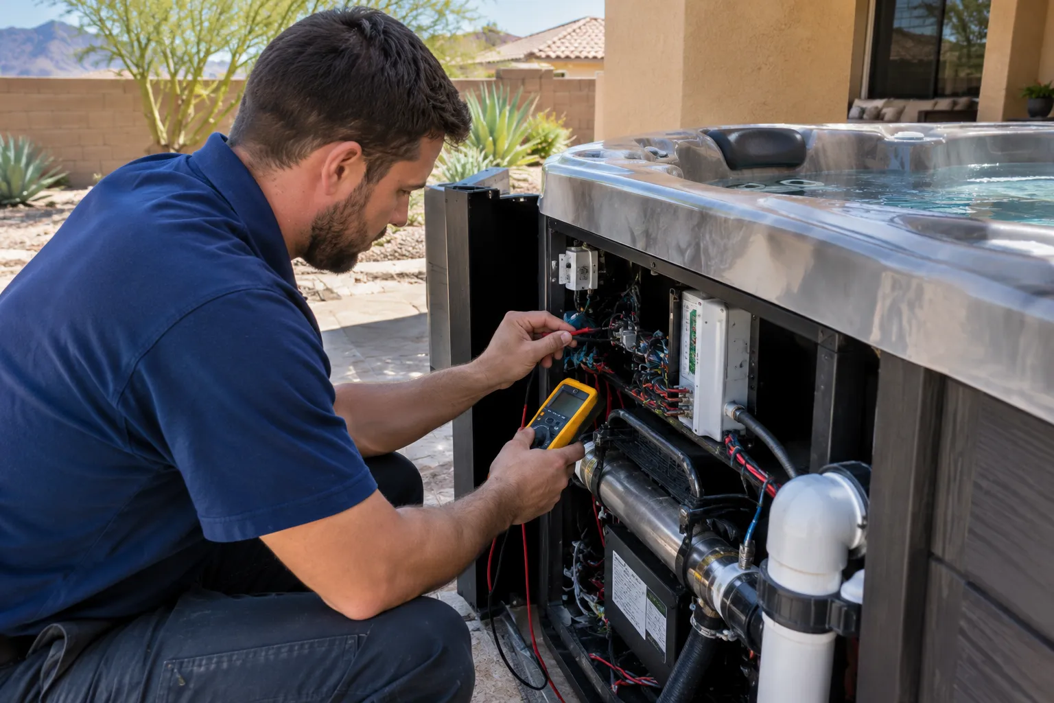 Close view of a technician testing a spa heater element in an open control pack with meter probes